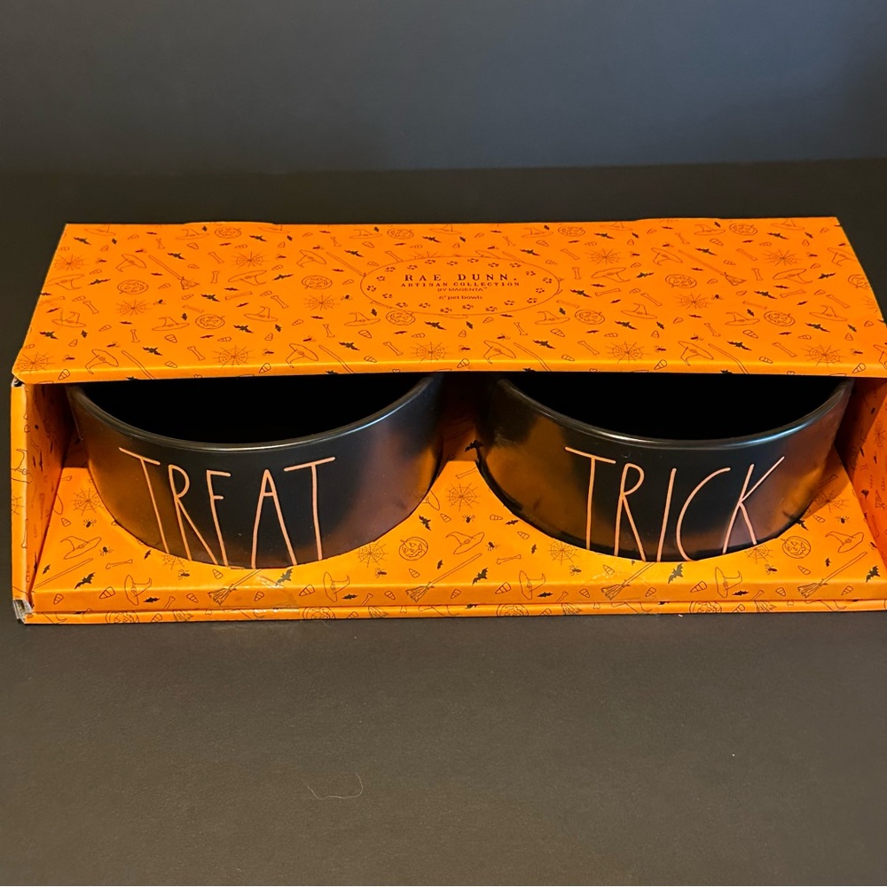 Rae Dunn TRICK TREAT 6” Dog Bowl Set Black Orange Halloween